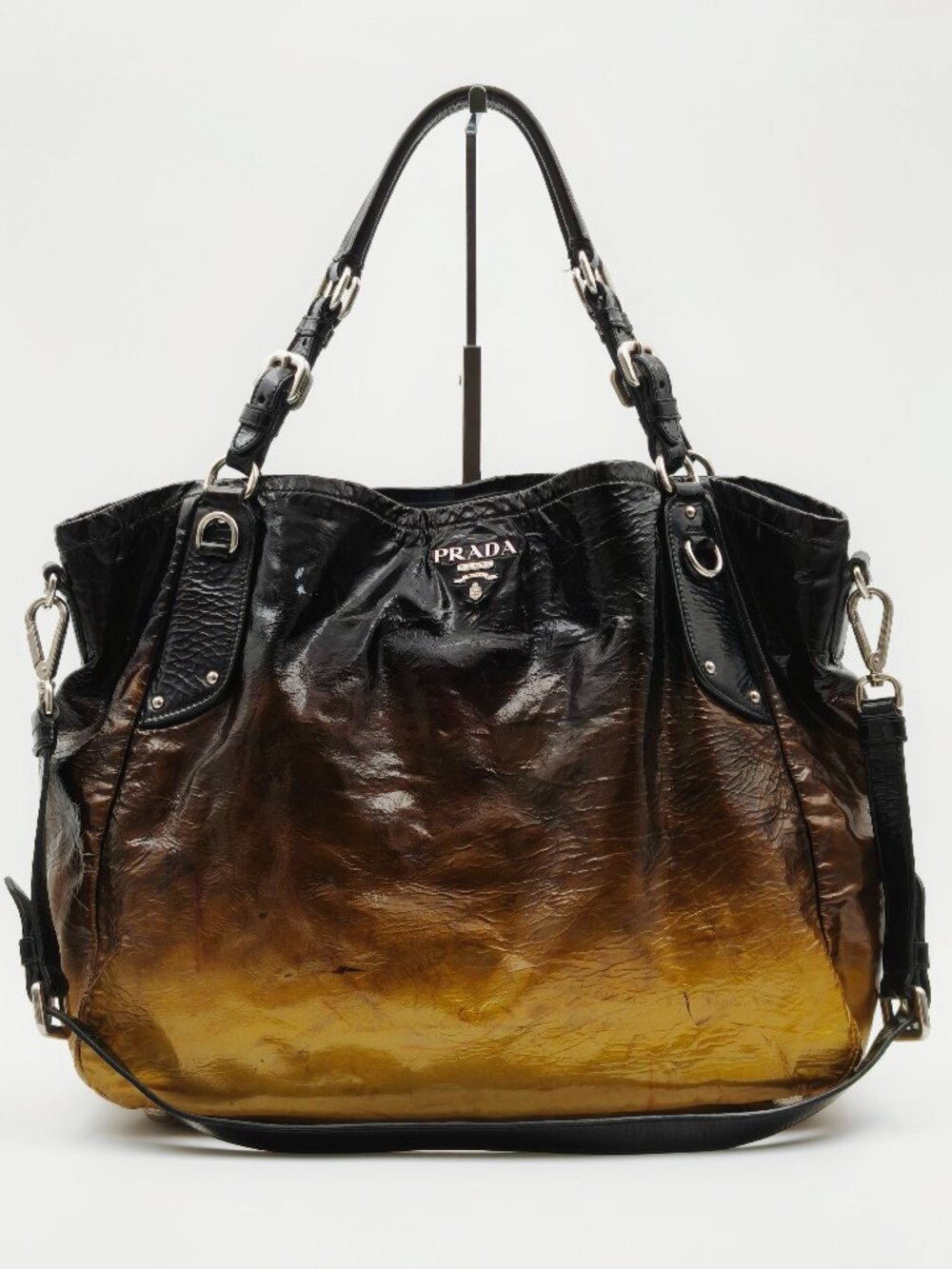 Prada Ombre Patent Leather Tote Shoulder Bag Black Brown Gold Large